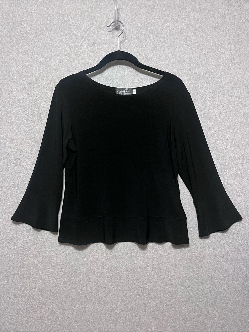 Sympli Bell Sleeve Peplum Top 10 Black Slinky Travel Knit Blouse Shirt Boat neck